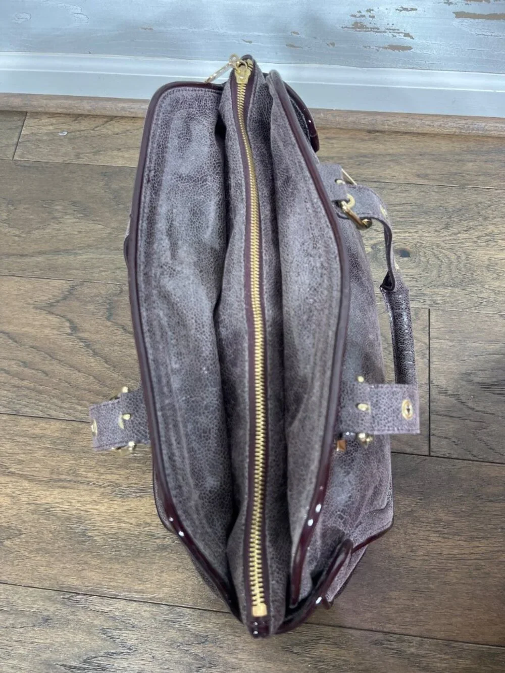 STELLA MCCARTNEY Double Handle Distressed Vegan Leather Satchel Glossy Plum OS